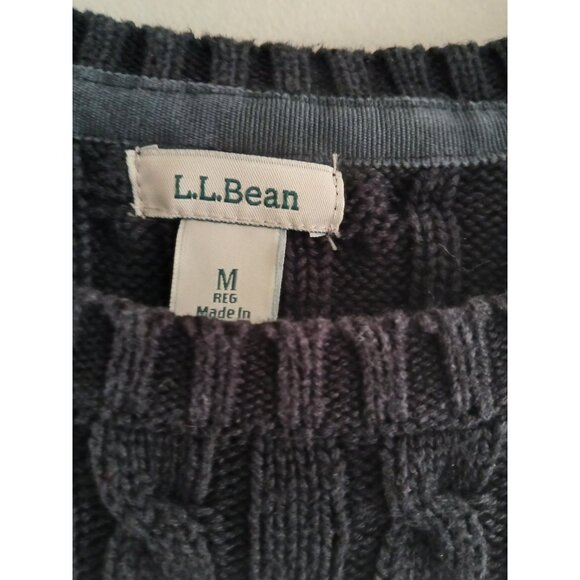 LL BEAN  Womens M Navy Blue Chunky Cable Knit Cotton Crewneck Fisherman Sweater - Picture 3 of 6
